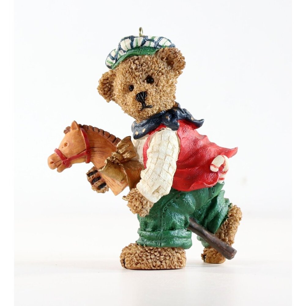 Vintage Kirkland Signature Brown Bear Riding Stick Horse Christmas Ornament